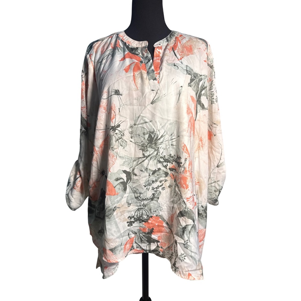 Chico's Floral Sharkbite Tunic Top Coral Grey White Size 3 XL Roll Tab Sleeve